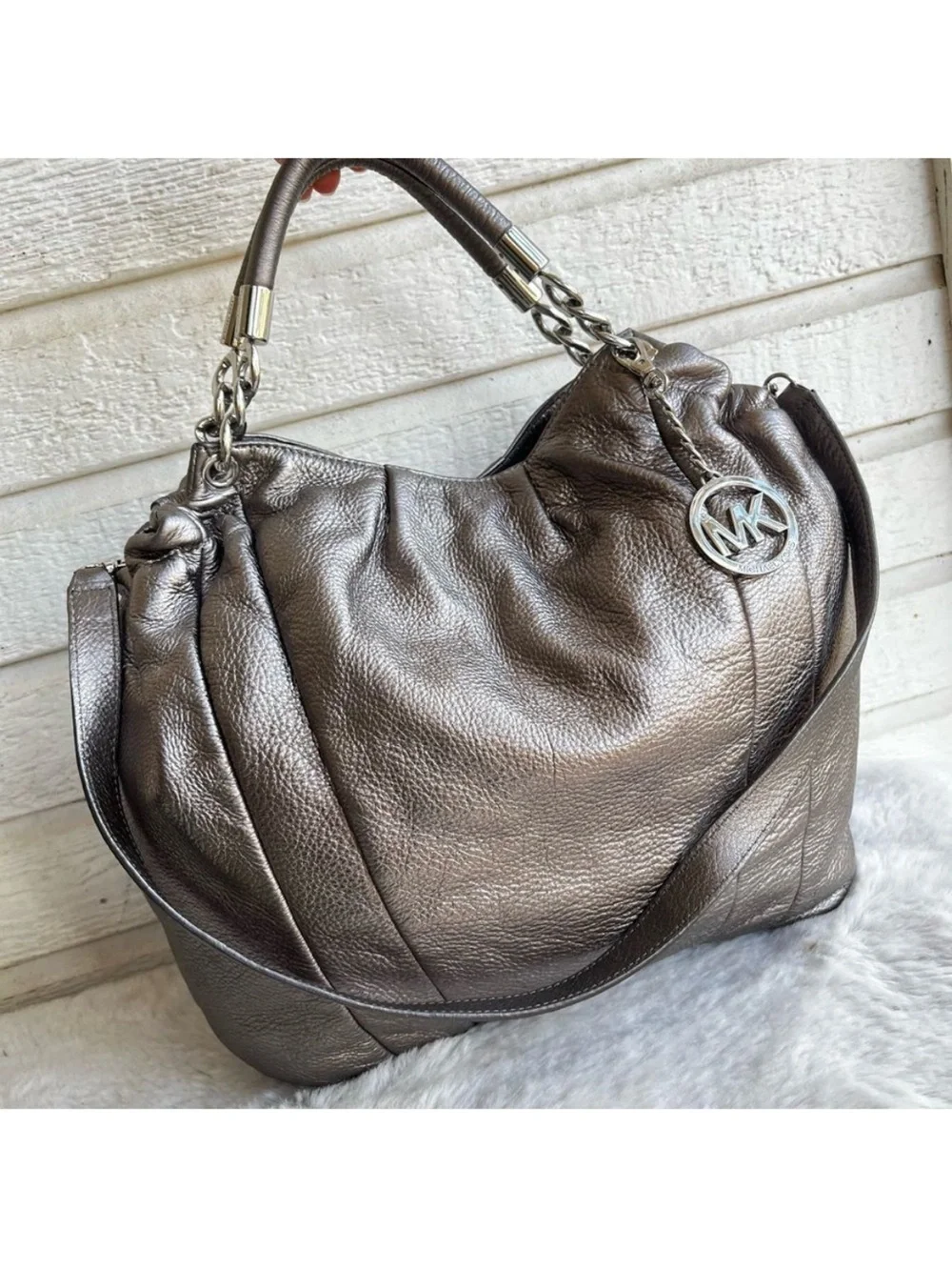 MICHAEL KORS Silver Metallic Lillie Fulton Tote Shoulder Bag